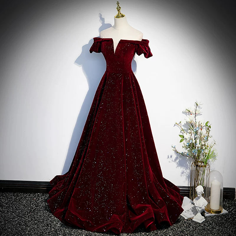 Off The Shoulder Sparkle Velvet A Line Burgundy Prom Dress  P1261