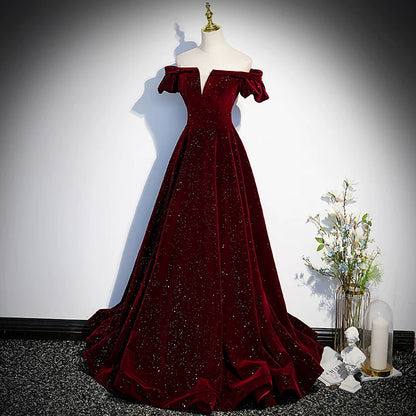 Off The Shoulder Sparkle Velvet A Line Burgundy Prom Dress  P1261