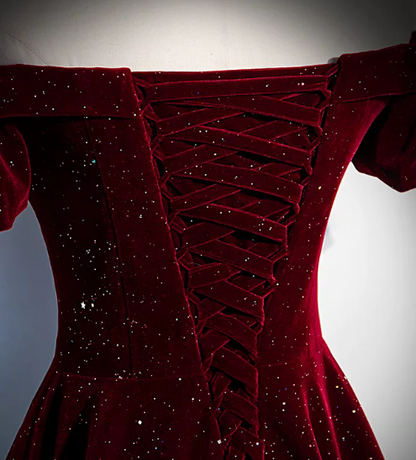 Off The Shoulder Sparkle Velvet A Line Burgundy Prom Dress  P1261