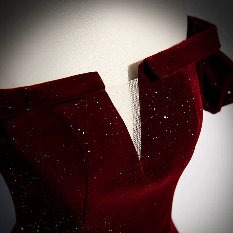 Off The Shoulder Sparkle Velvet A Line Burgundy Prom Dress  P1261