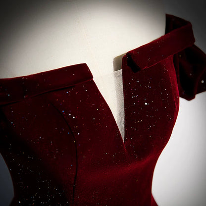 Off The Shoulder Sparkle Velvet A Line Burgundy Prom Dress  P1261