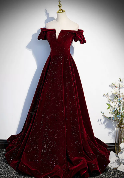 Off The Shoulder Sparkle Velvet A Line Burgundy Prom Dress  P1261
