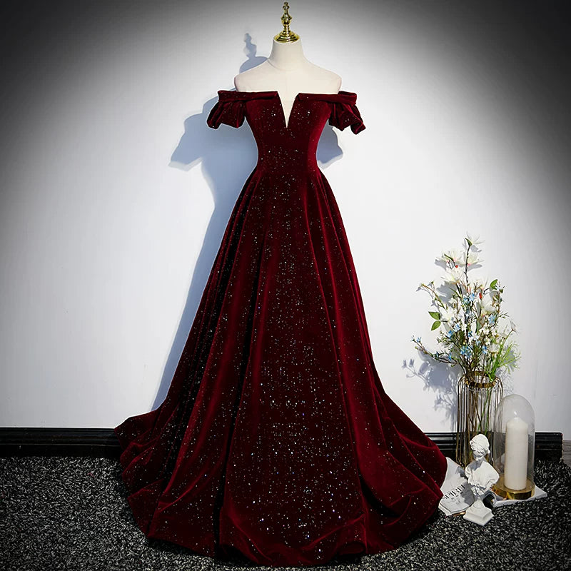 Off The Shoulder Sparkle Velvet A Line Burgundy Prom Dress  P1261