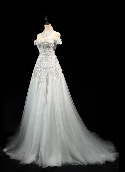 Off The Shoulder White A Line Wedding Dress With Appliques  P2618