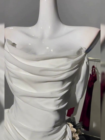 Off The Shoulder White Chiffon Birthday Dress Graduation Dress  P1757