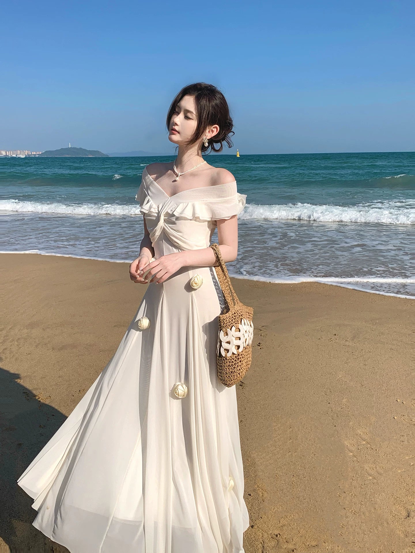 Off The Shoulder White Graduation Dress Ruffled Birthday Dress with Flowers  P1549