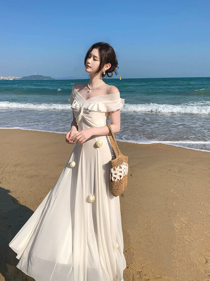 Off The Shoulder White Graduation Dress Ruffled Birthday Dress with Flowers  P1549