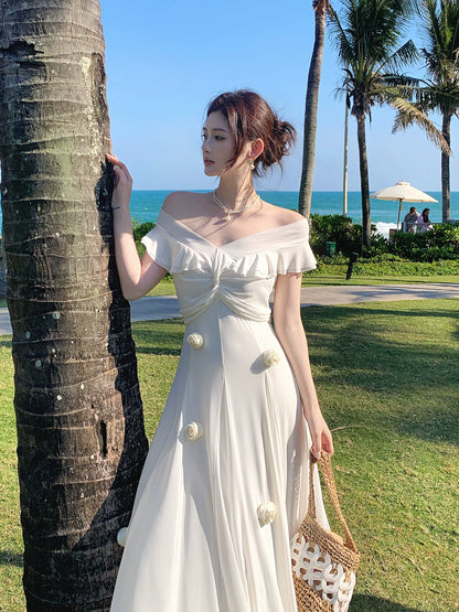Off The Shoulder White Graduation Dress Ruffled Birthday Dress with Flowers  P1549