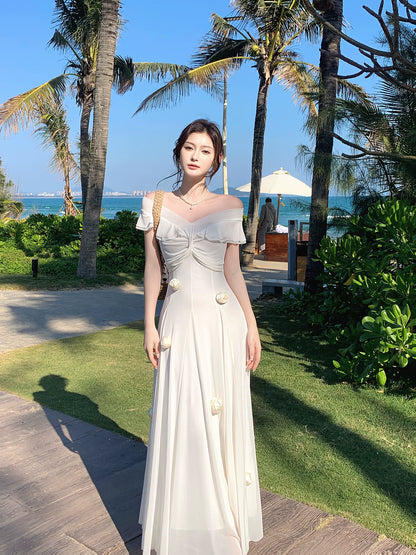Off The Shoulder White Graduation Dress Ruffled Birthday Dress with Flowers  P1549