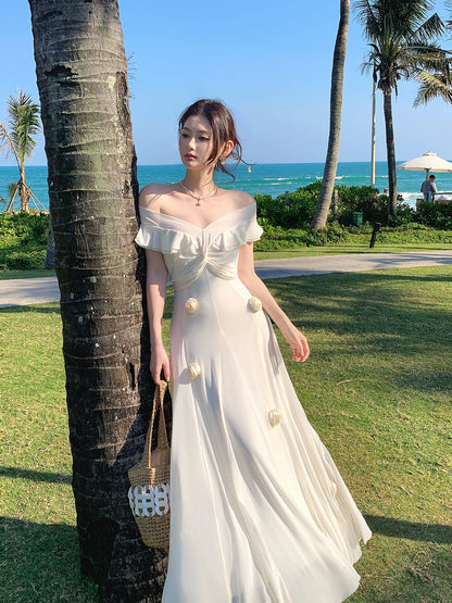 Off The Shoulder White Graduation Dress Ruffled Birthday Dress with Flowers  P1549