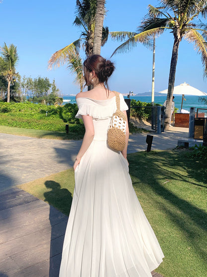 Off The Shoulder White Graduation Dress Ruffled Birthday Dress with Flowers  P1549