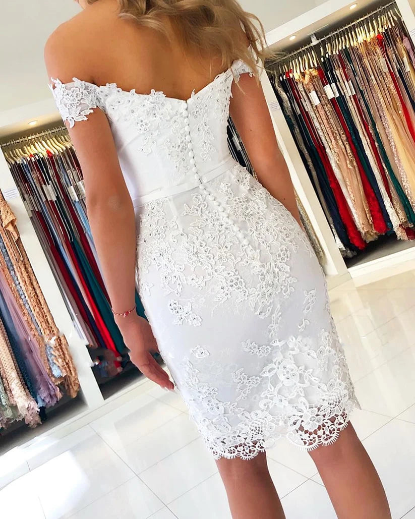 Off The Shoulder White Lace Wedding Dress Sheath Bridal Dress  P2289