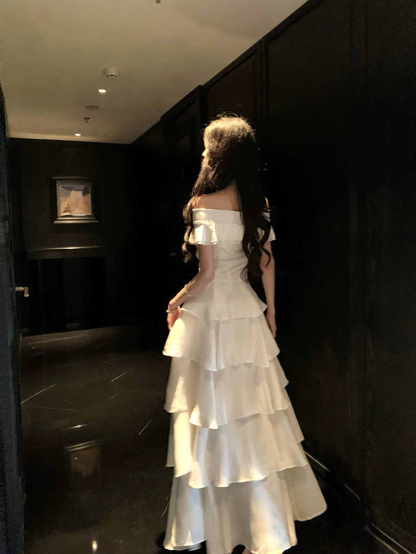 Off The Shoulder White Layered Graduation Dress   P1519