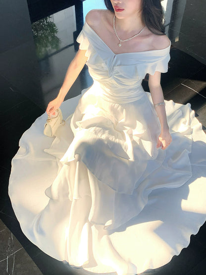 Off The Shoulder White Layered Graduation Dress   P1519