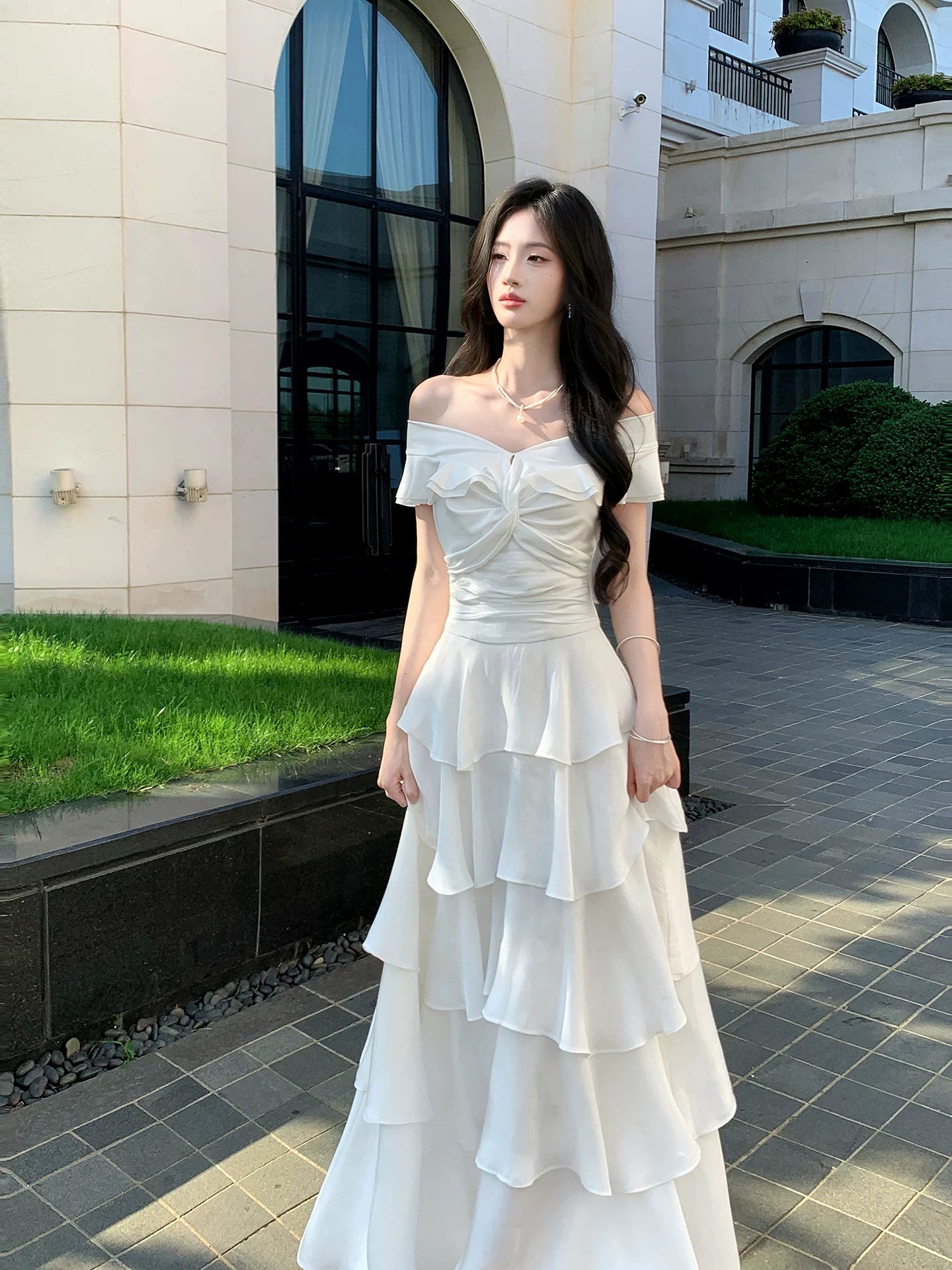 Off The Shoulder White Layered Graduation Dress   P1519