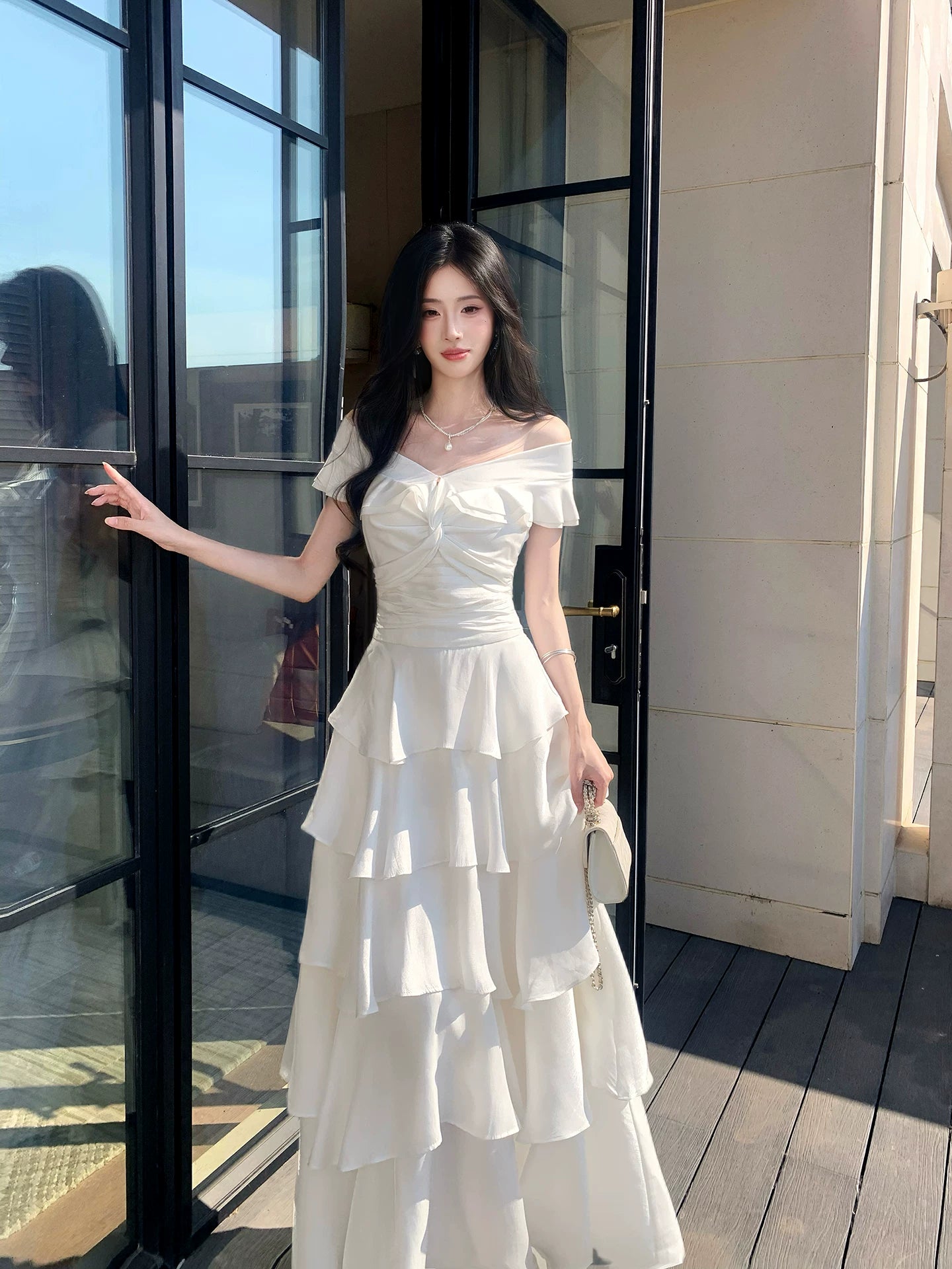 Off The Shoulder White Layered Graduation Dress   P1519