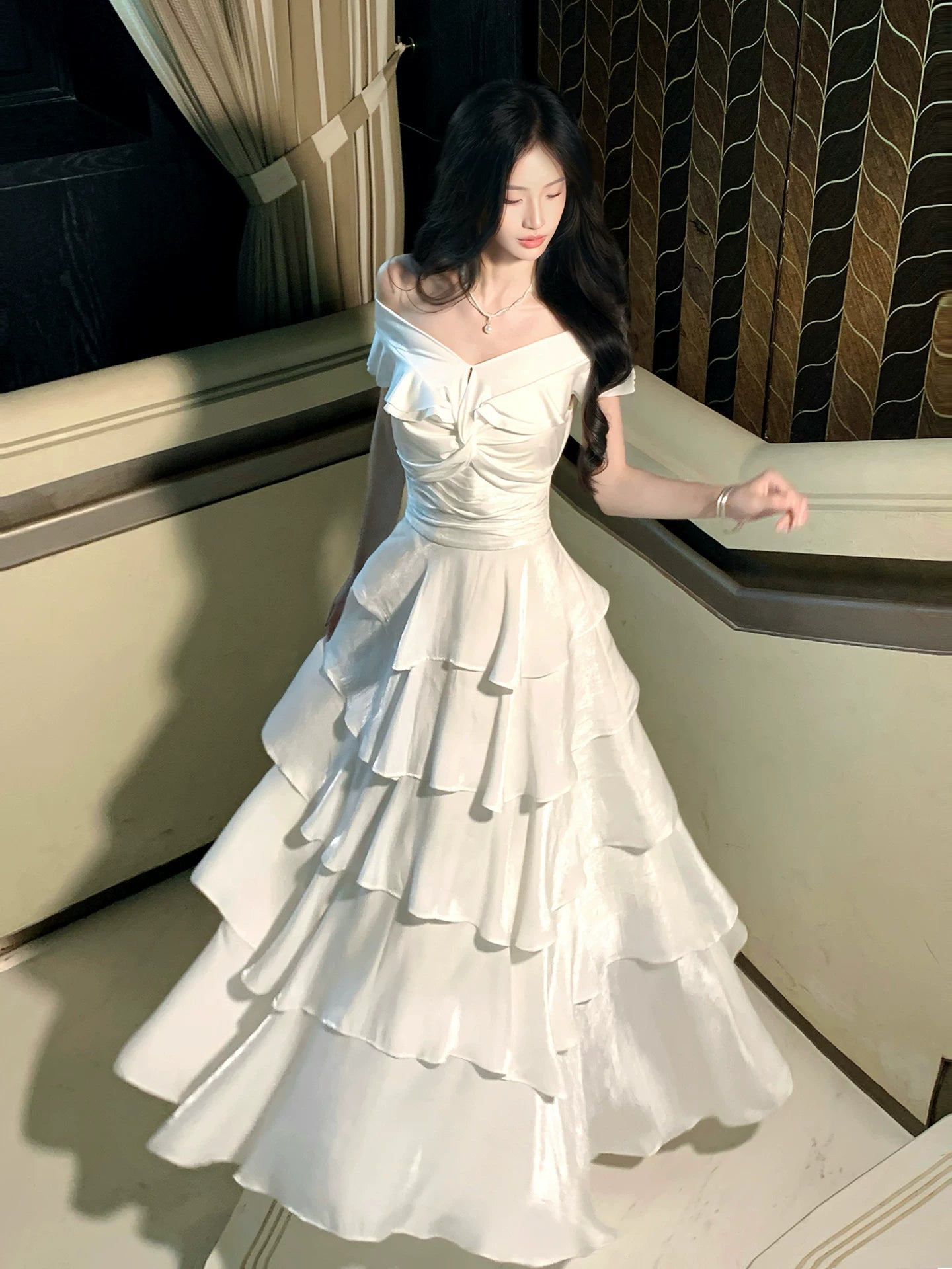Off The Shoulder White Layered Graduation Dress   P1519
