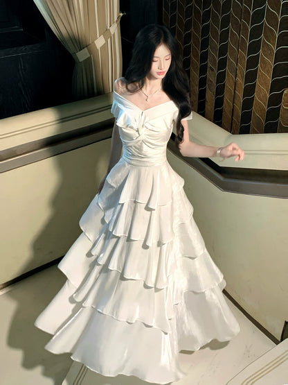 Off The Shoulder White Layered Graduation Dress   P1519