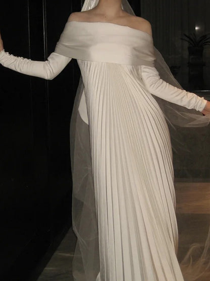 Off The Shoulder White Pleated Wedding Dress Elegant Satin Bride Dress   P948