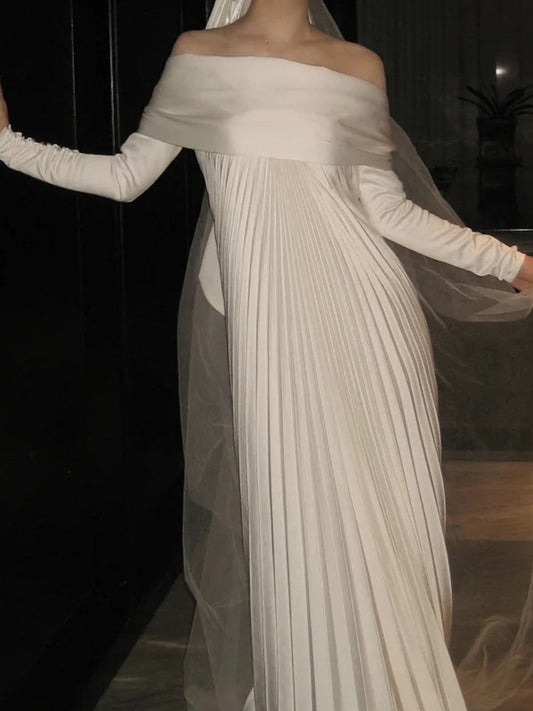 Off The Shoulder White Pleated Wedding Dress Elegant Satin Bride Dress   P948