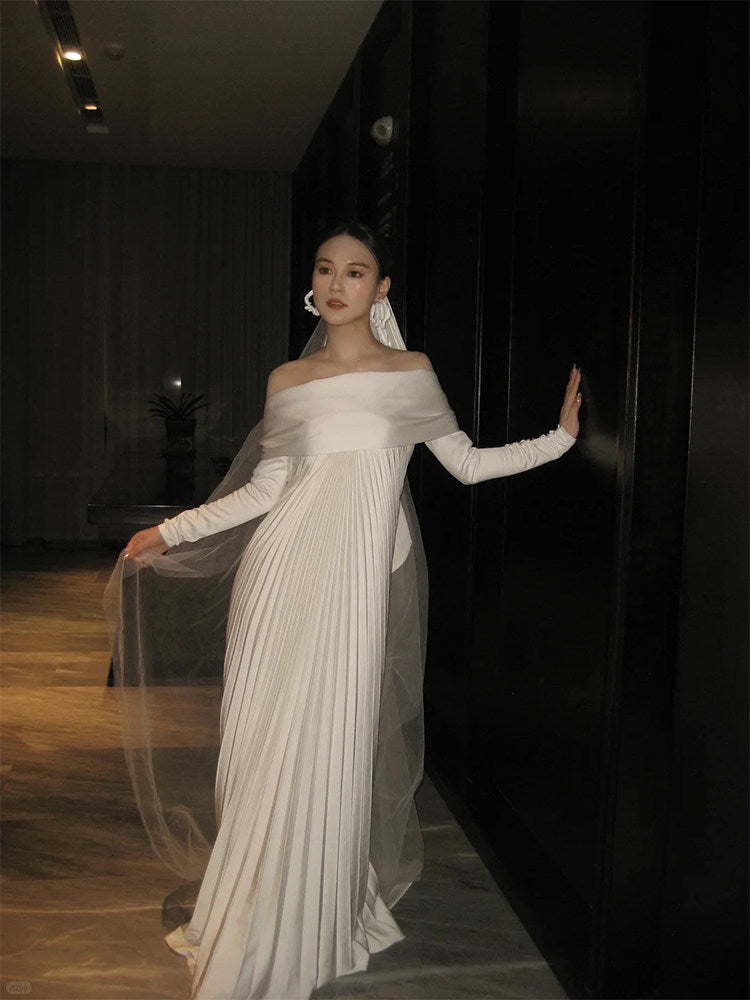 Off The Shoulder White Pleated Wedding Dress Elegant Satin Bride Dress   P948