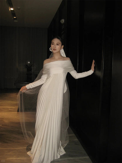 Off The Shoulder White Pleated Wedding Dress Elegant Satin Bride Dress   P948