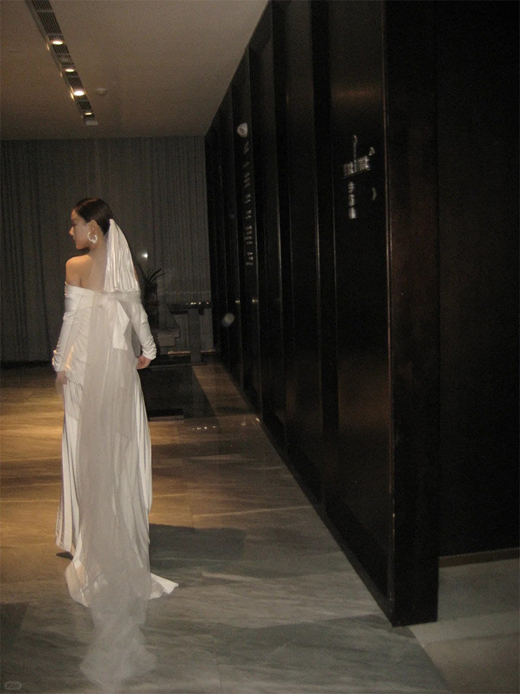 Off The Shoulder White Pleated Wedding Dress Elegant Satin Bride Dress   P948