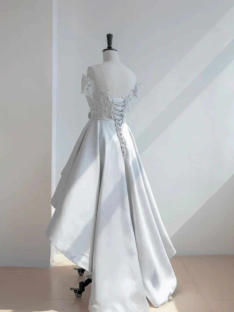 Off The Shoulder White Satin Appliqued Wedding Dress  P2353