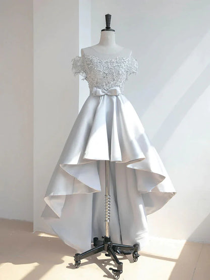 Off The Shoulder White Satin Appliqued Wedding Dress  P2353