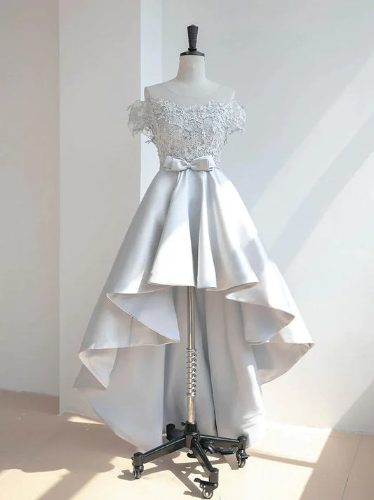 Off The Shoulder White Satin Appliqued Wedding Dress  P2353