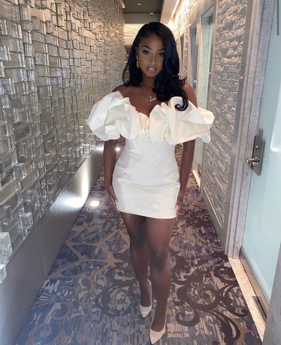 Off The Shoulder White Satin Birthday Dress Homecoming Dress  P2280