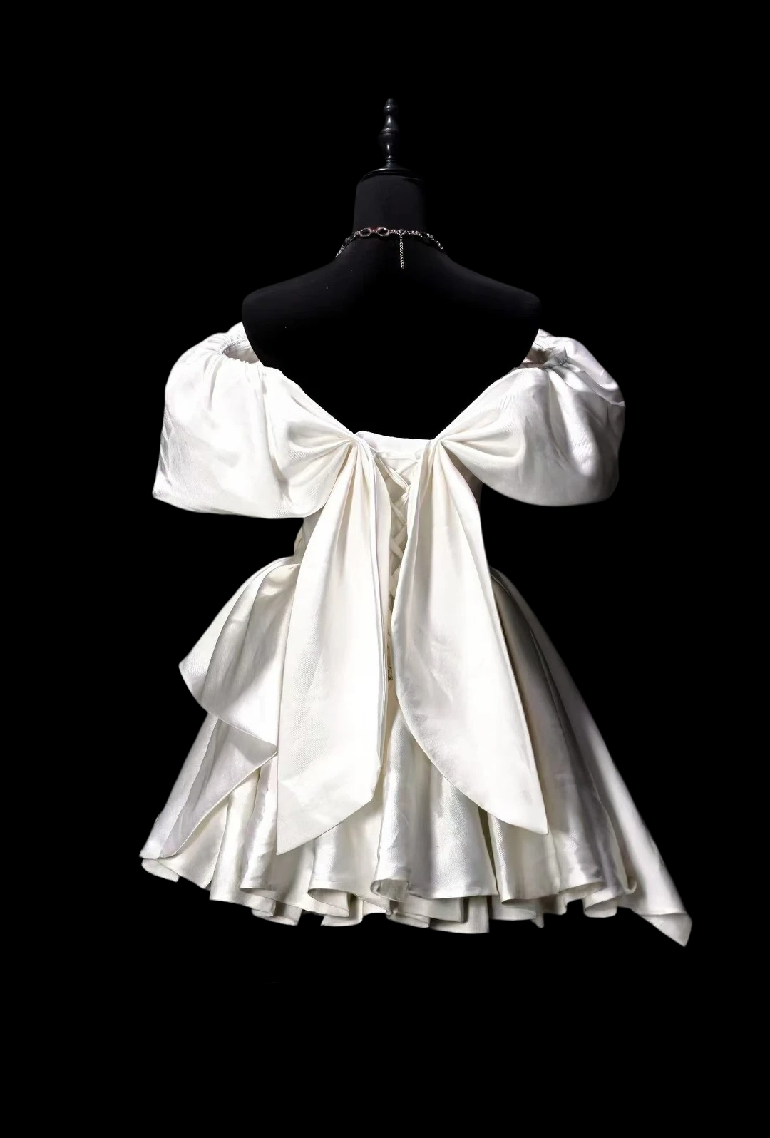 Off The Shoulder White Satin Birthday Dress Layered Homecoming Dress  P1944