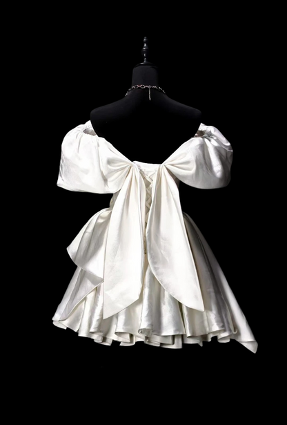 Off The Shoulder White Satin Birthday Dress Layered Homecoming Dress  P1944