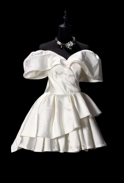Off The Shoulder White Satin Birthday Dress Layered Homecoming Dress  P1944
