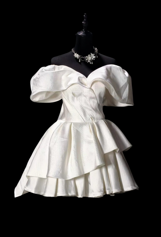 Off The Shoulder White Satin Birthday Dress Layered Homecoming Dress  P1944