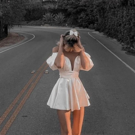 Off The Shoulder White Satin Birthday Dress Mini Homecoming Dress  P2168