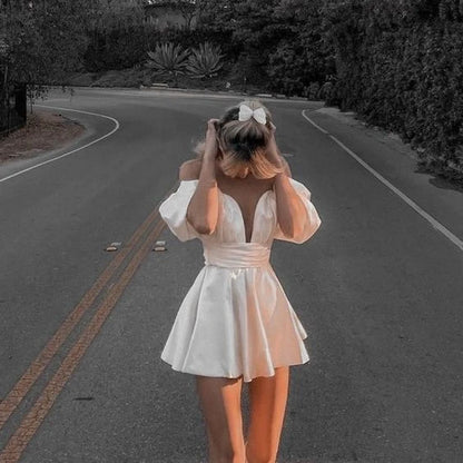 Off The Shoulder White Satin Birthday Dress Mini Homecoming Dress  P2168