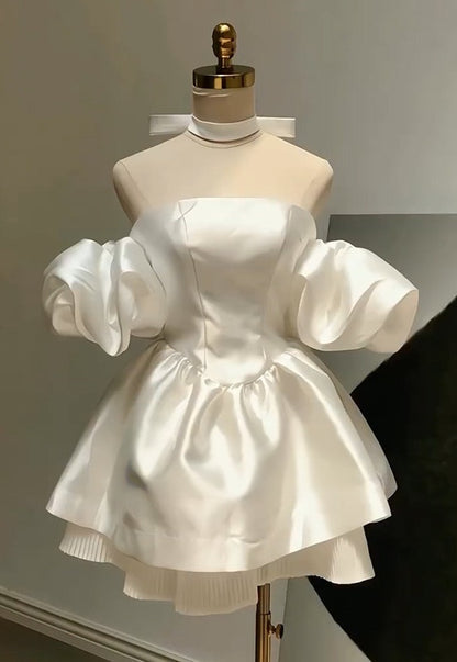 Off The Shoulder White Satin Birthday Dress Short Homecoming Dress  P1758
