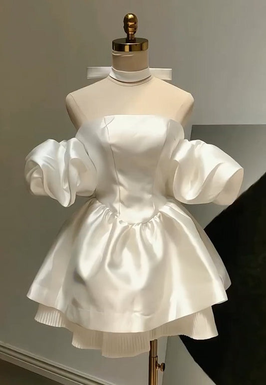 Off The Shoulder White Satin Birthday Dress Short Homecoming Dress  P1758