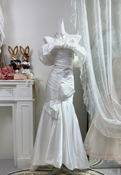 Off The Shoulder White Satin Mermaid Evening Dress With Bow Knot   P1839