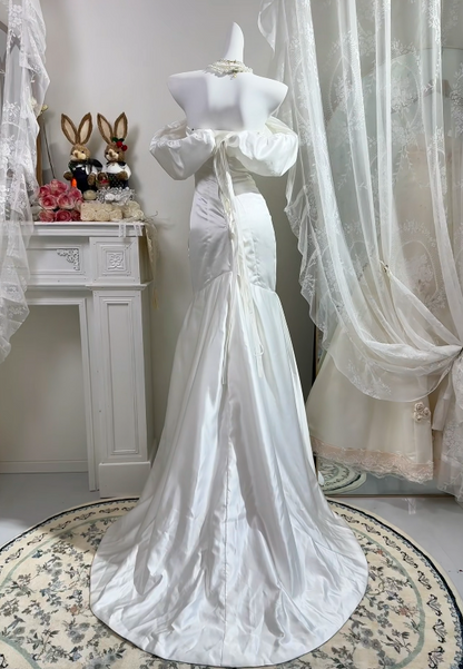 Off The Shoulder White Satin Mermaid Evening Dress With Bow Knot   P1839