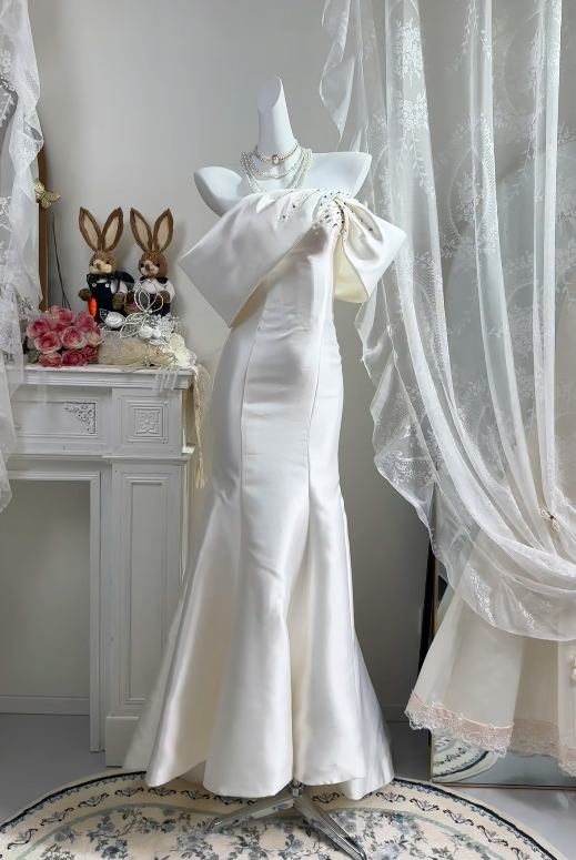 Off The Shoulder White Satin Mermaid Wedding Dress Birthday Dress  P1833