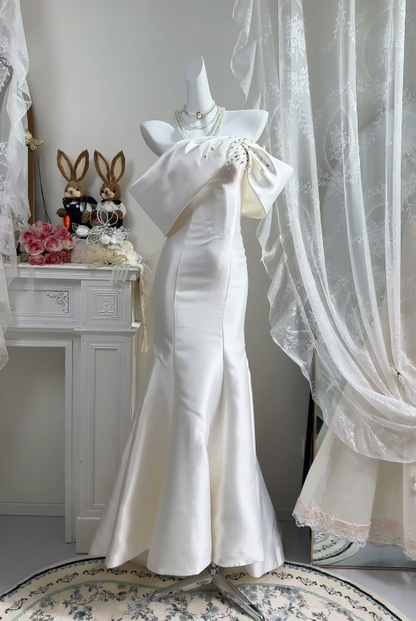 Off The Shoulder White Satin Mermaid Wedding Dress Birthday Dress  P1833