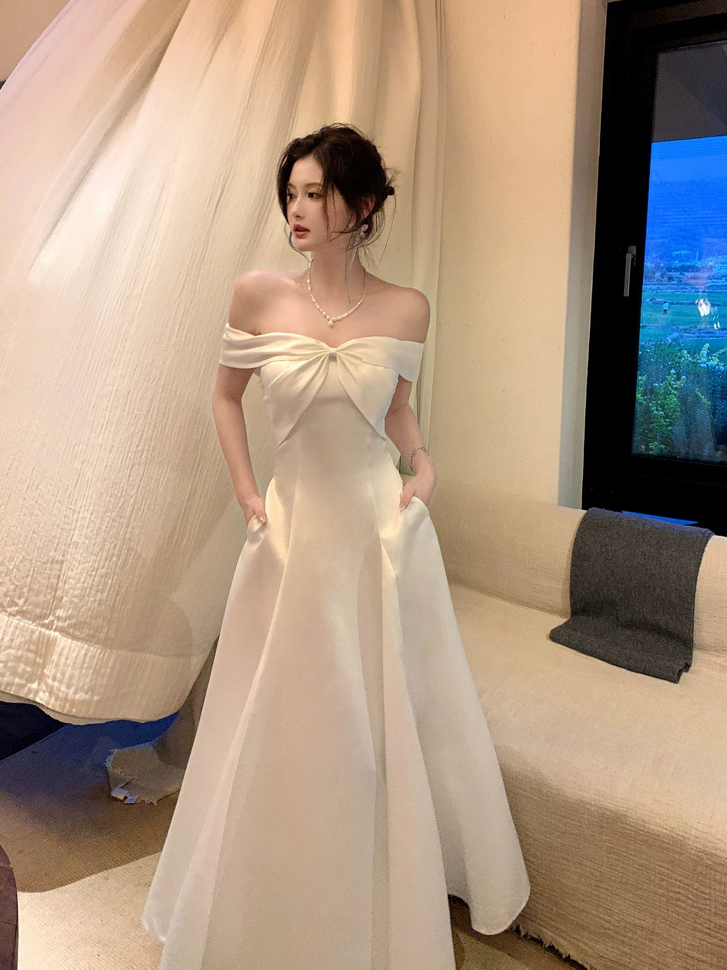 Off The Shoulder White Satin Wedding Dress Long Birthday Dress P1612