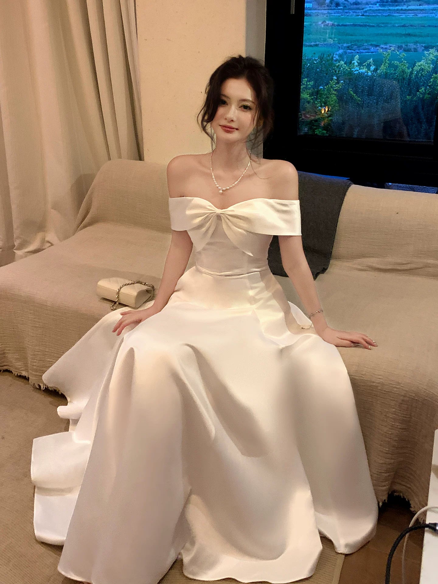 Off The Shoulder White Satin Wedding Dress Long Birthday Dress P1612