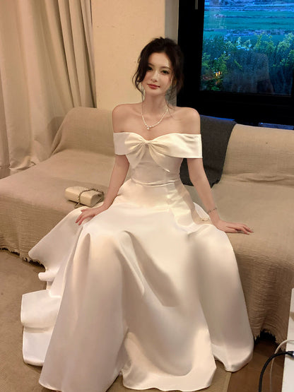 Off The Shoulder White Satin Wedding Dress Long Birthday Dress P1612