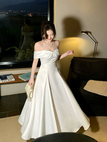 Off The Shoulder White Satin Wedding Dress Long Birthday Dress P1612
