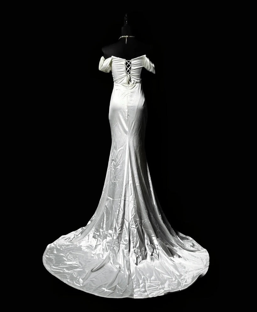 Off The Shoulder White Satin Wedding Dress Mermaid Evening Dress  P1819