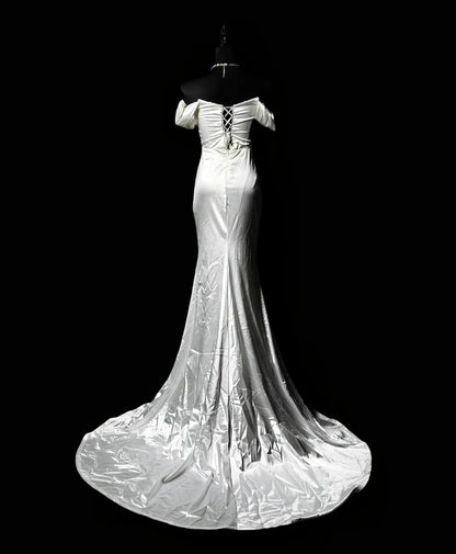 Off The Shoulder White Satin Wedding Dress Mermaid Evening Dress  P1819