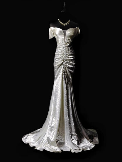 Off The Shoulder White Satin Wedding Dress Mermaid Evening Dress  P1819